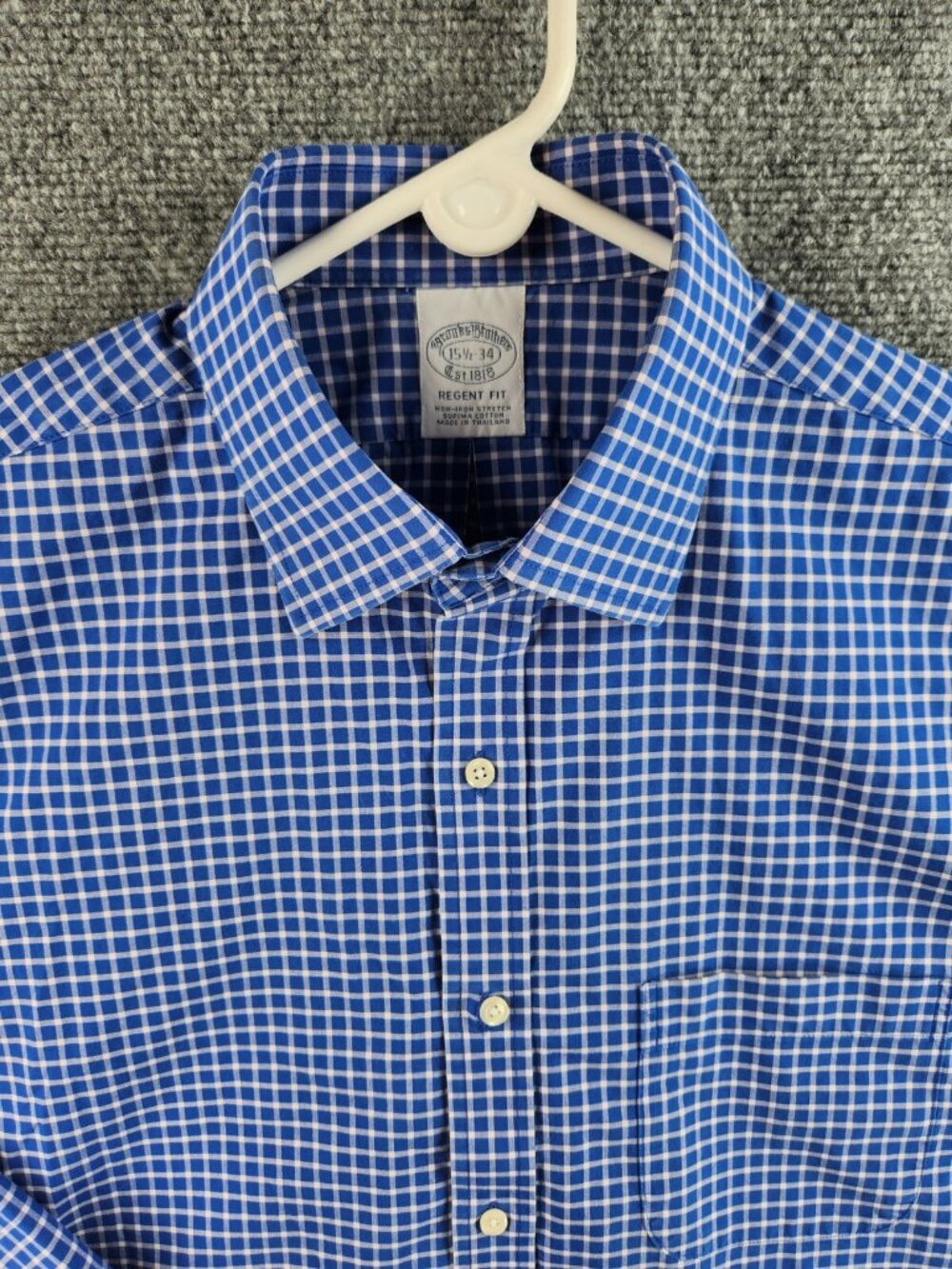 Brooks Brothers 15.5 34 Regent Blue Check Button Up Long Sleeve Non Iron Stretch
